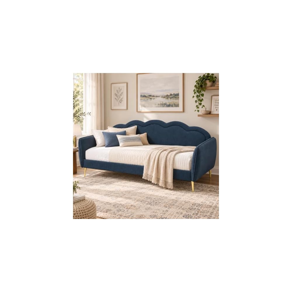 VELOCAVA Twin Size Upholstered Daybed with Cloud-Shaped Backrest, Blue