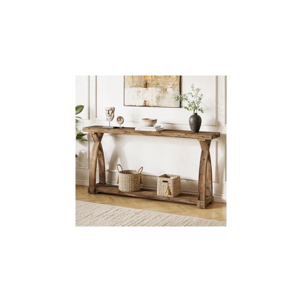 Solid Wood Console Table for Entryway, 63-Inch Narrow Farmhouse Couch Table Behind Sofa with 2-Tier Storage for Entrance, Foyer, Living Room, Long, Rustic Brown