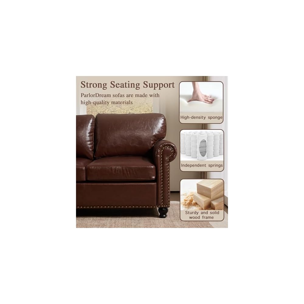 79” Leather Sofa Couch with Storage, Mid Century Modern Rolled Arm Couches for Living Room Furniture, Nailhead Trim, Dark Brown