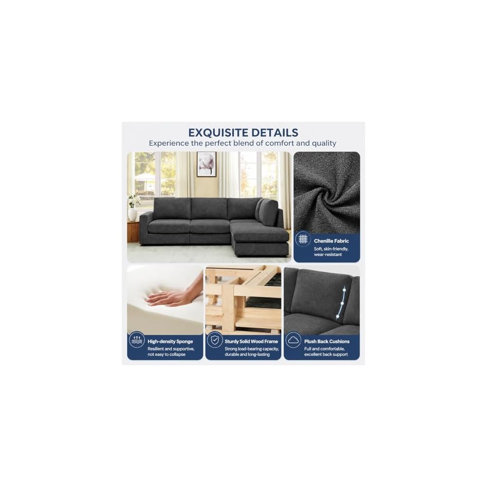 100" L-Shaped Sectional Couch with Reversible Deep Chaise, Grey