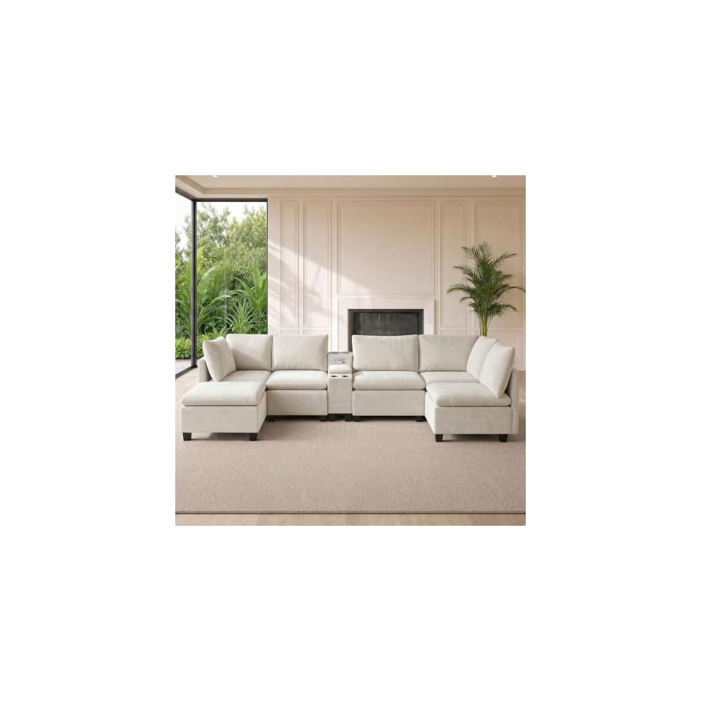 121" U-Shaped Sectional Sofa, Chenille Cloud Modular Couch, Beige White