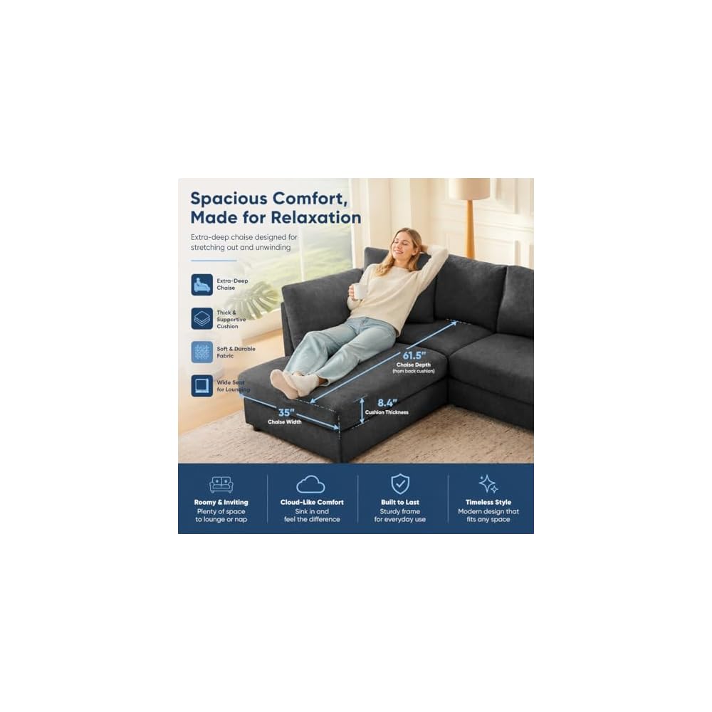 100" L-Shaped Sectional Couch with Reversible Deep Chaise, Grey