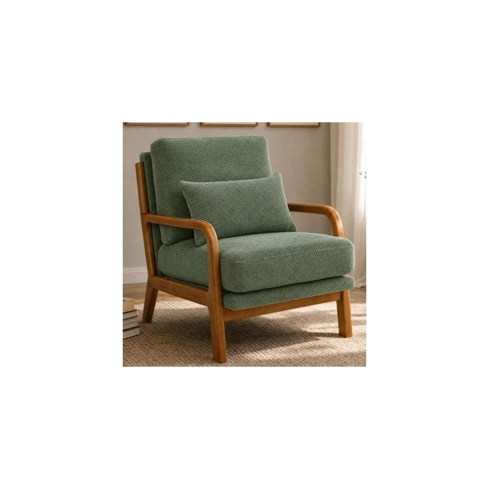 Komene Mid-Century Modern Accent Chair, Arm Chair Living Room Chairs with Pillow Upholstered Reading Chair with Solid Wood Frame & Living Room Bedroom Balcony （Light Heather Grey）