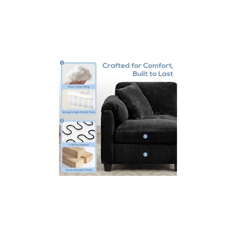 IPKIG 140'' U-Shaped Sectional Sofa with Ottoman, Corduroy Modern Modular Cloud Couches for Living Room with 2 Throw Pillows and Deep Seat, Center Stitched Design (Black, 9 Seater)