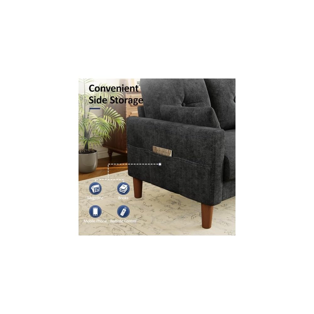 Vipbear 48" Loveseat Sofa,Modern Small Couches for Small Spaces,Black Chenille Love Seat Couch for Living Room,Bedroom,Apartment,Office,Deep Seat,Throw Pillow,Side Pockets,Square Armrest