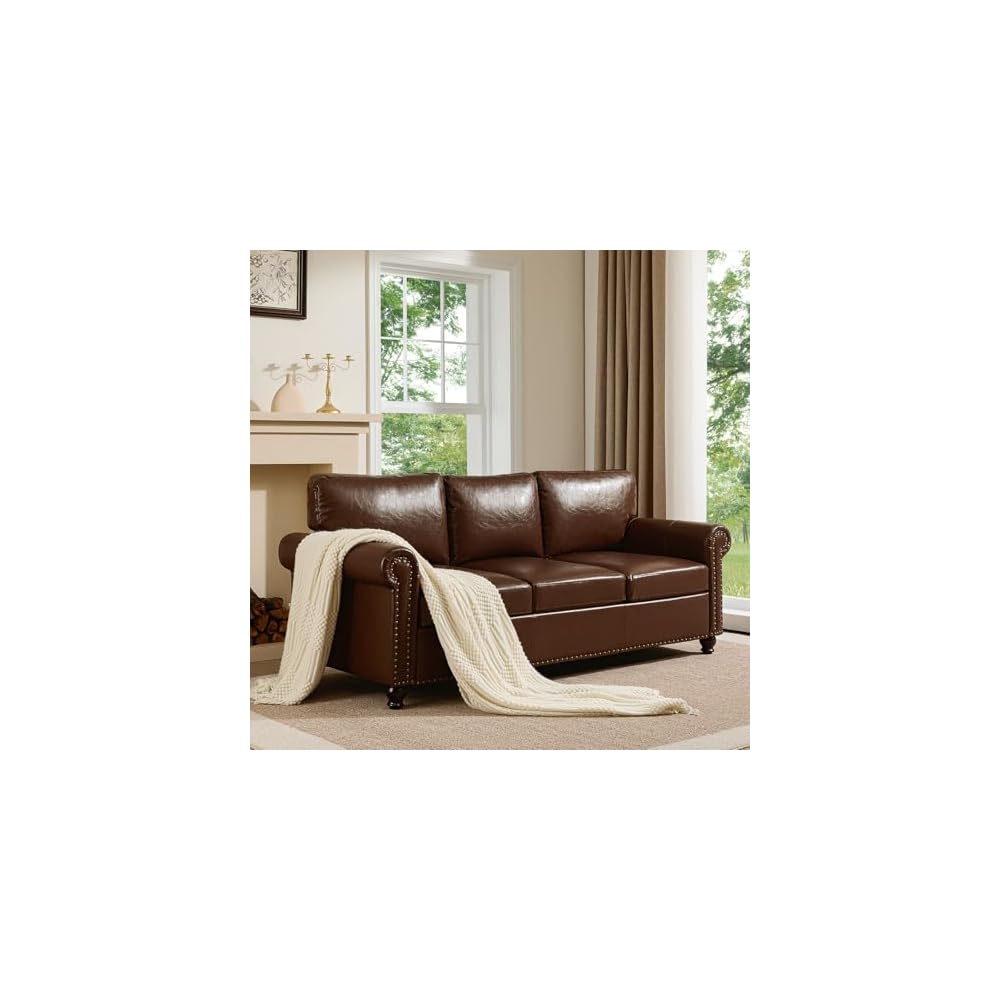 79” Leather Sofa Couch with Storage, Mid Century Modern Rolled Arm Couches for Living Room Furniture, Nailhead Trim, Dark Brown