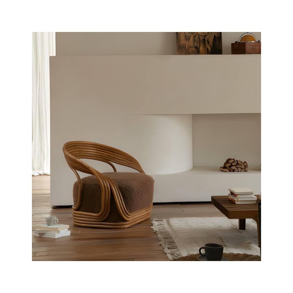 Rattan Accent Chair, Retro Lounge Armchair with Brown Cushioned Seat