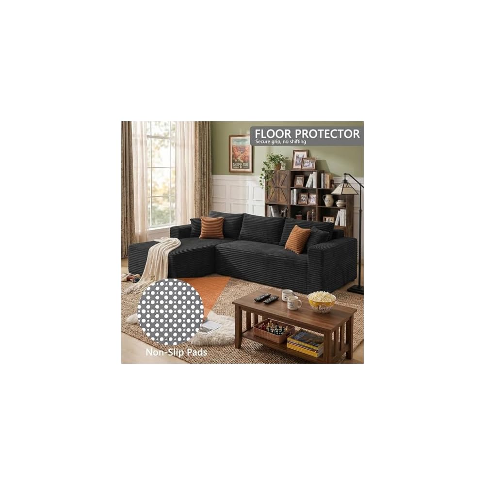 108" Modular L-Shaped Boneless Sectional Sofa, Oversized Chaise Deep Seat Cloud Couch, High-Density Memory Foam Plush Corduroy, No Assembly Required, Black, for Living Room/Apartment