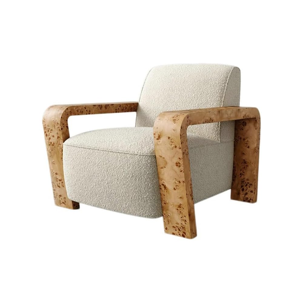 Cream Upholstered Accent Chair with Burl Wood Arms, Modern Lounge Armchair