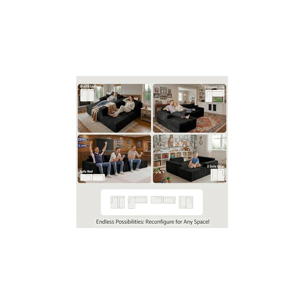 108" Modular L-Shaped Boneless Sectional Sofa, Oversized Chaise Deep Seat Cloud Couch, High-Density Memory Foam Plush Corduroy, No Assembly Required, Black, for Living Room/Apartment
