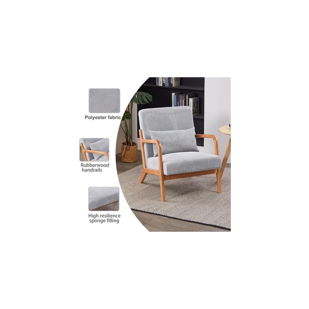 Komene Mid-Century Modern Accent Chair, Arm Chair Living Room Chairs with Pillow Upholstered Reading Chair with Solid Wood Frame & Living Room Bedroom Balcony （Light Heather Grey）