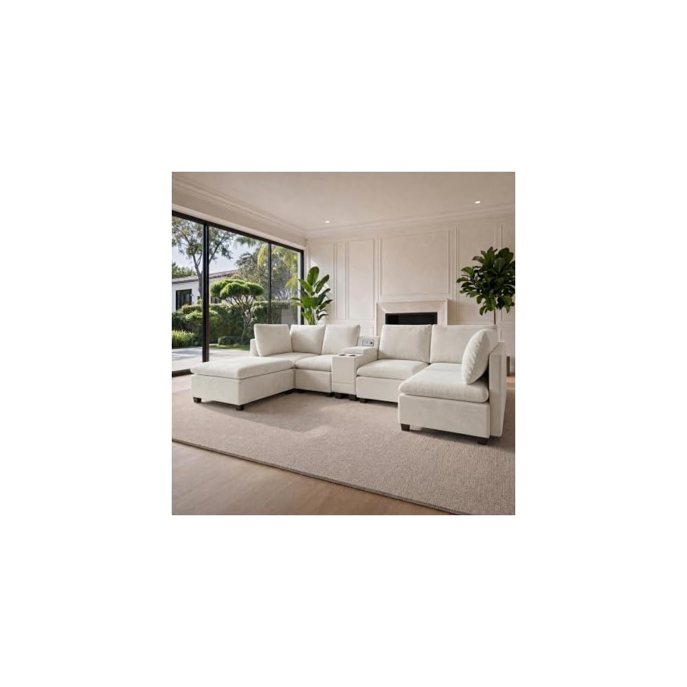 121" U-Shaped Sectional Sofa, Chenille Cloud Modular Couch, Beige White