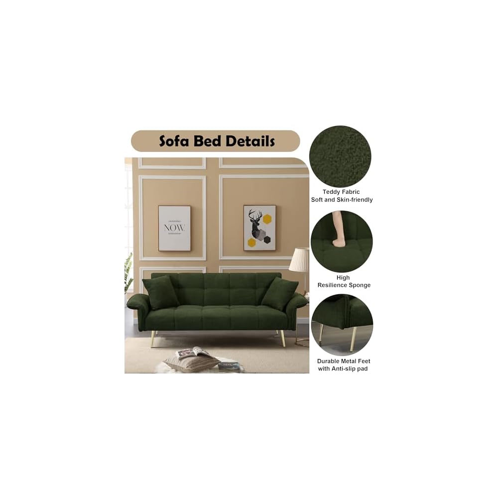 KEIKI Upholstered Loveseat Sofa, 70" Convertible Futon Sofa Bed with Adjustable Arms and Backrest, Removable Pillow Cover, Comfy Cushion, Teddy Fleece Love Seat Couches for Bedroom, Apartment, Green