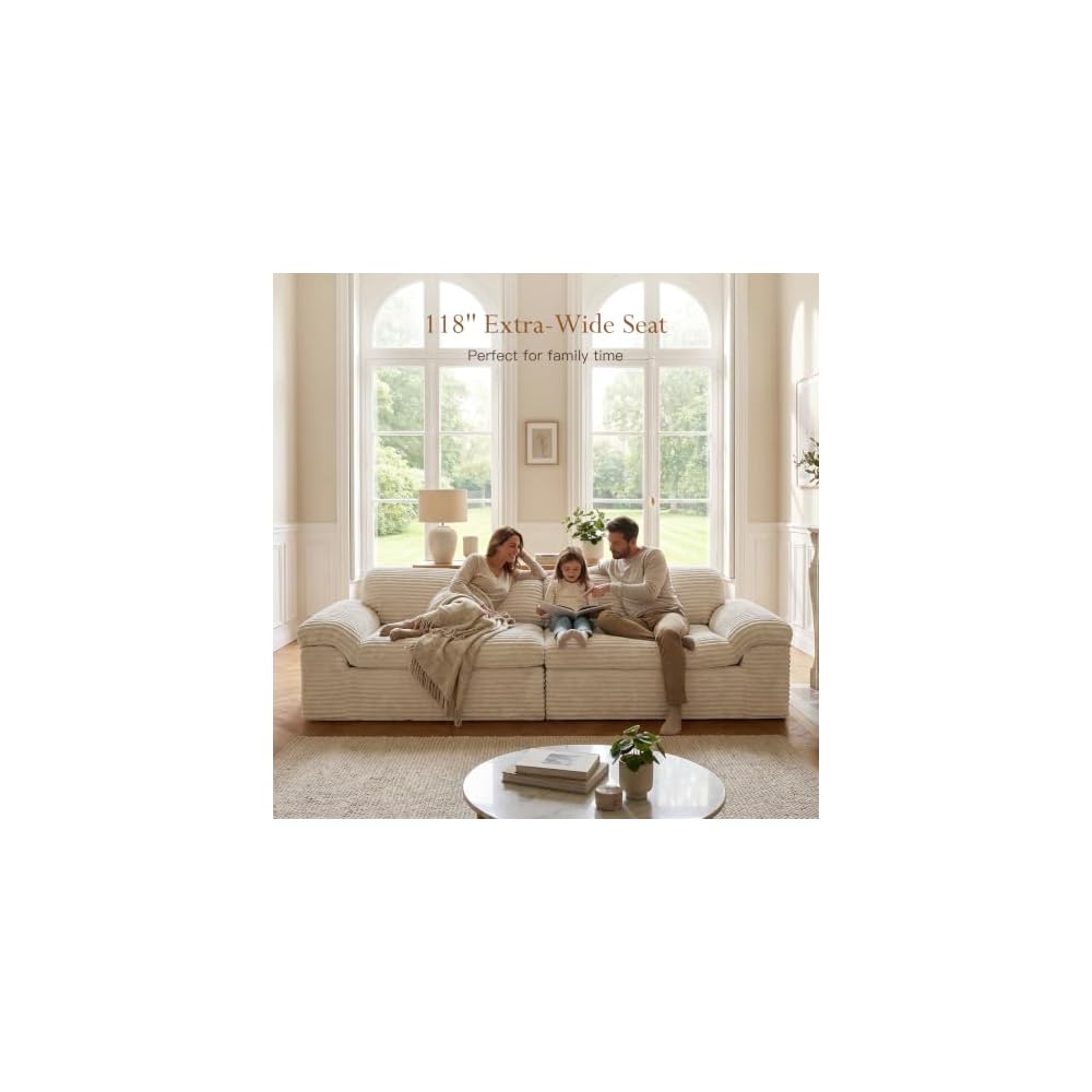 Vesgantti 118" Cloud Boneless Couch, 3 Seater Corduroy Sofa, Carmel