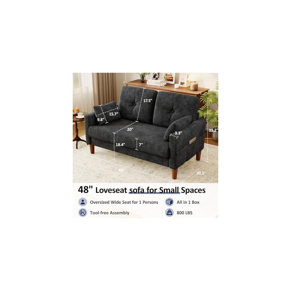 Vipbear 48" Loveseat Sofa,Modern Small Couches for Small Spaces,Black Chenille Love Seat Couch for Living Room,Bedroom,Apartment,Office,Deep Seat,Throw Pillow,Side Pockets,Square Armrest