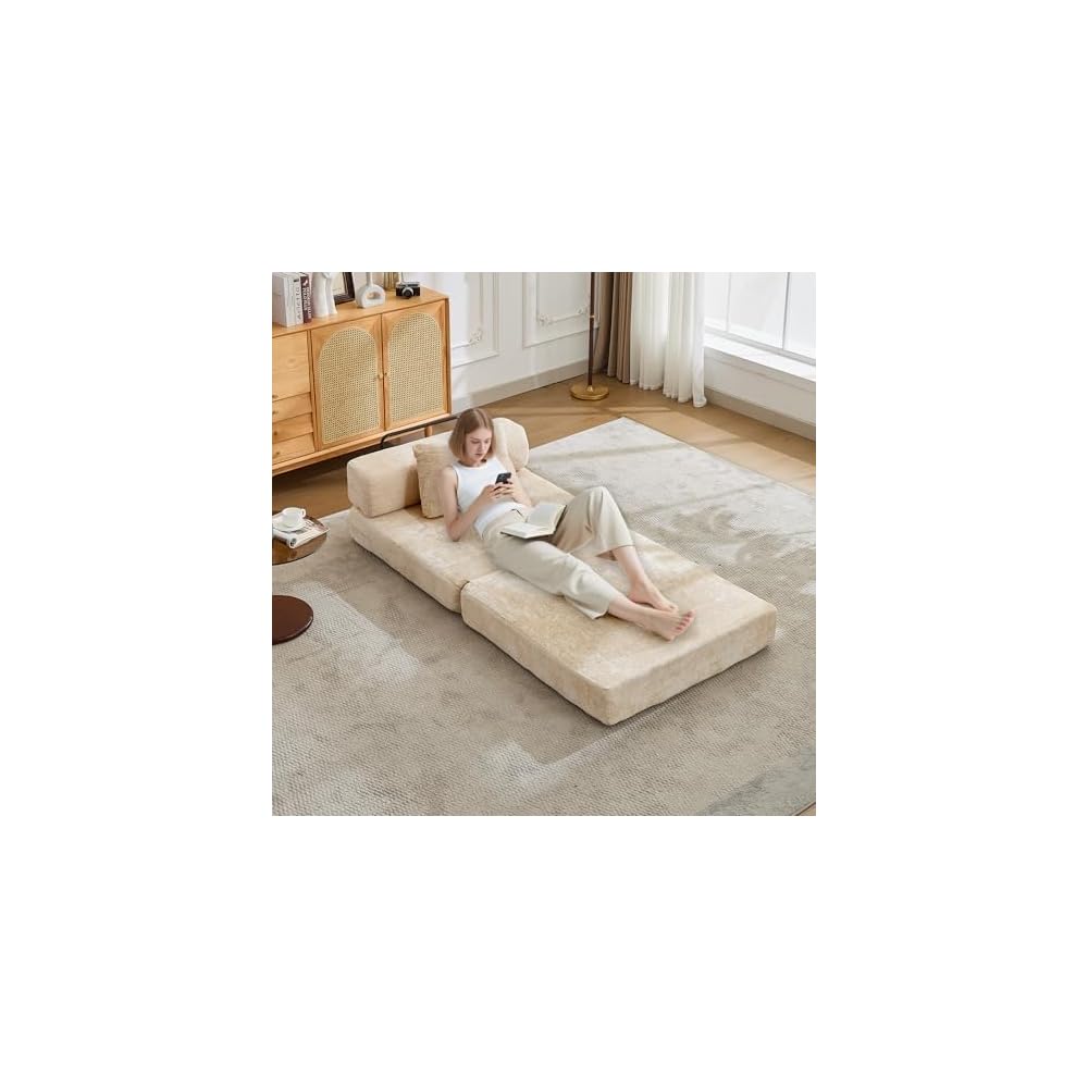 Folding Sofa Bed, Beige Convertible Floor Sleeper Chair, Comfy Futon Floor Couch, 2 in 1 Pull Out Single Boneless Sofa for Living Room, Bedroom, No Assembly, Chenille