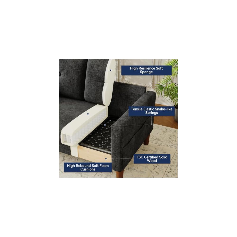 Vipbear 48" Loveseat Sofa,Modern Small Couches for Small Spaces,Black Chenille Love Seat Couch for Living Room,Bedroom,Apartment,Office,Deep Seat,Throw Pillow,Side Pockets,Square Armrest