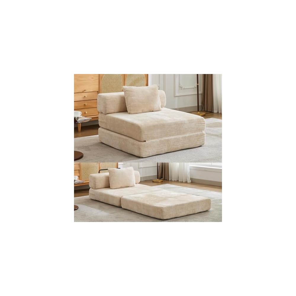 Folding Sofa Bed, Beige Convertible Floor Sleeper Chair, Comfy Futon Floor Couch, 2 in 1 Pull Out Single Boneless Sofa for Living Room, Bedroom, No Assembly, Chenille