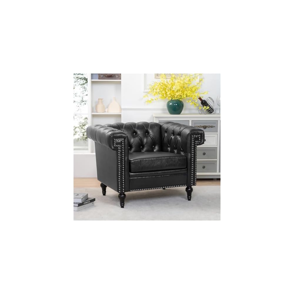 Chesterfield Sofa, Faux Leather Sofa Chair with Nailhead Trim & Square Arm, Mid Century Modern Armchair with Button Tufted Back & Removable Cushion, Comfy Reading Chair for Living Room, Office, Black