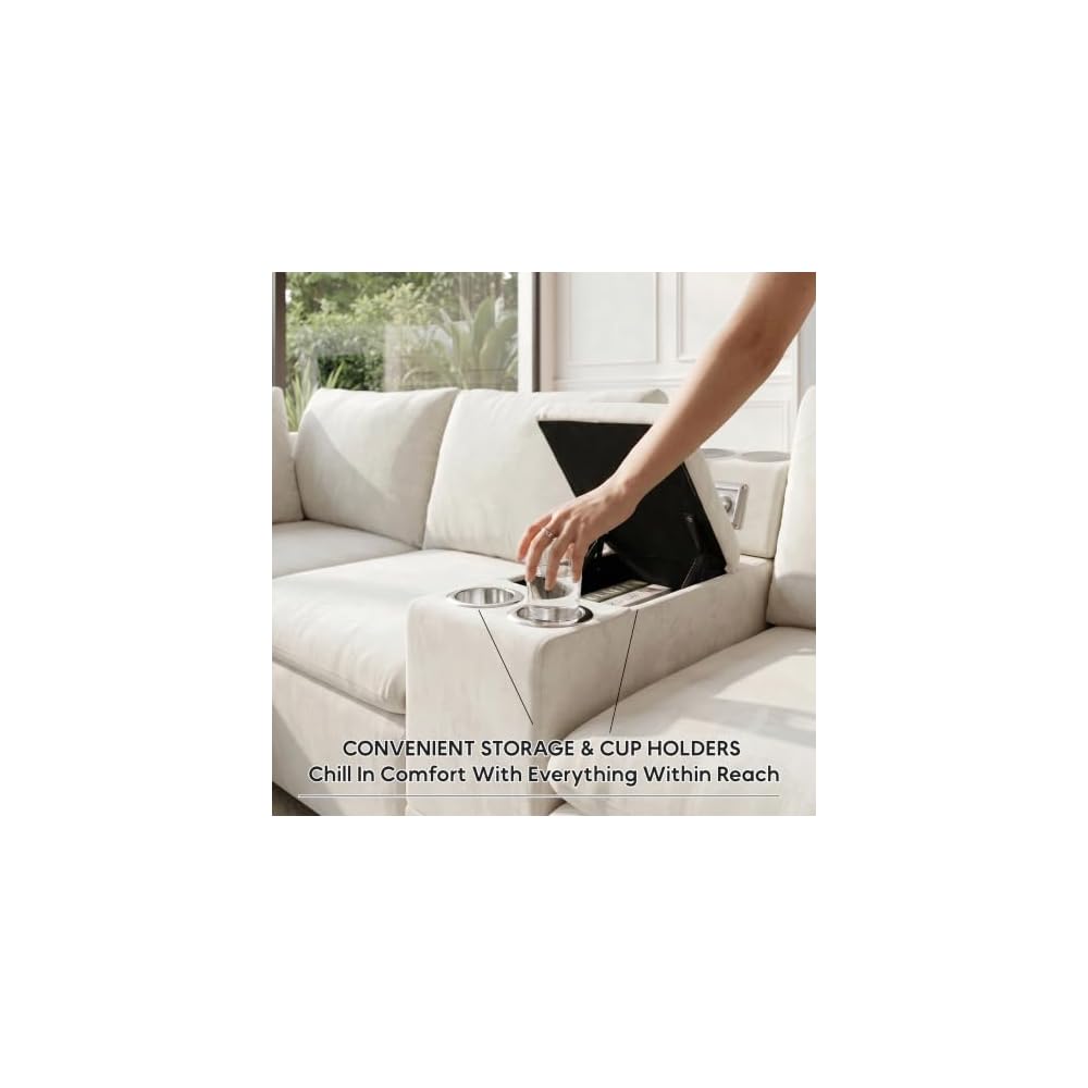 121" U-Shaped Sectional Sofa, Chenille Cloud Modular Couch, Beige White