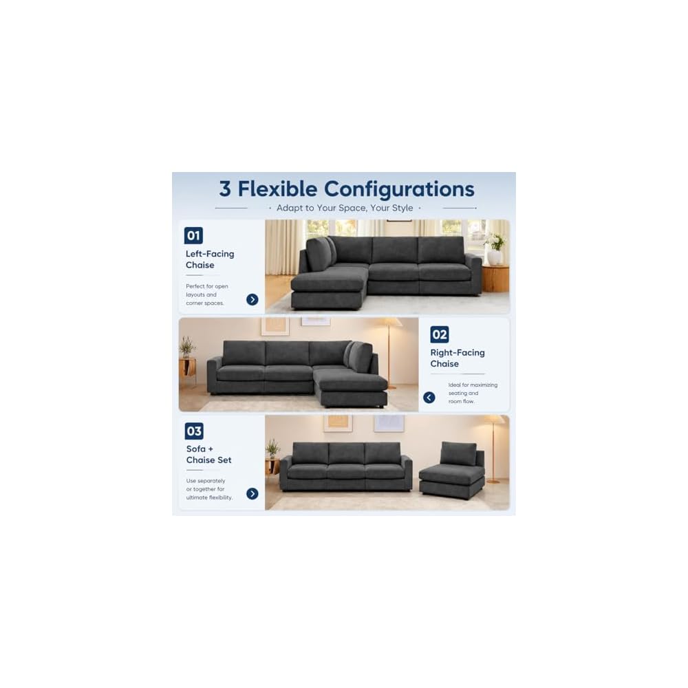 100" L-Shaped Sectional Couch with Reversible Deep Chaise, Grey