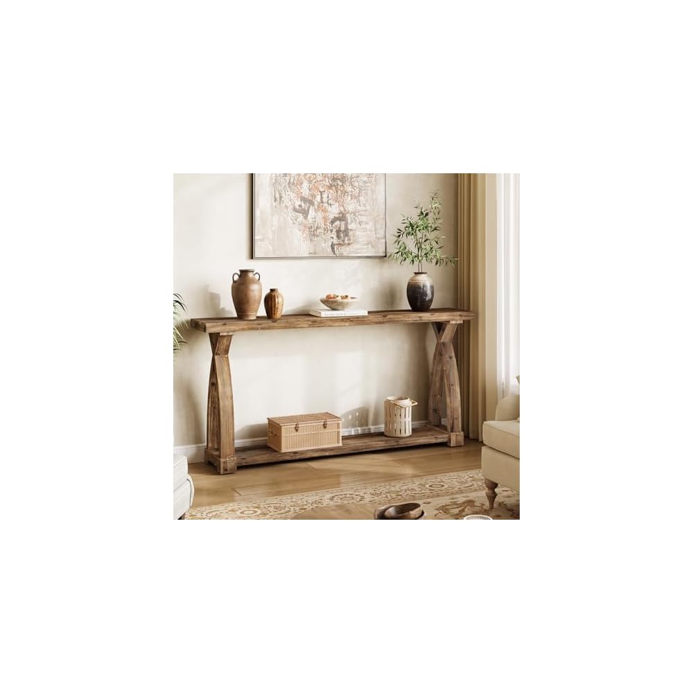 Solid Wood Console Table for Entryway, 63-Inch Narrow Farmhouse Couch Table Behind Sofa with 2-Tier Storage for Entrance, Foyer, Living Room, Long, Rustic Brown