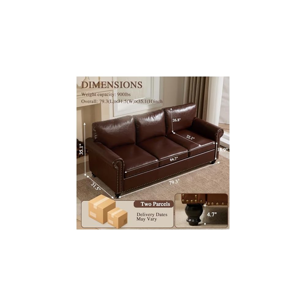 79” Leather Sofa Couch with Storage, Mid Century Modern Rolled Arm Couches for Living Room Furniture, Nailhead Trim, Dark Brown