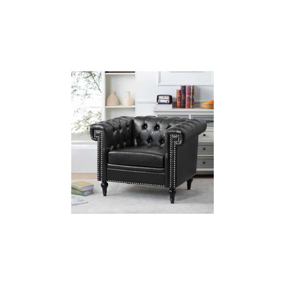 Chesterfield Sofa, Faux Leather Sofa Chair with Nailhead Trim & Square Arm, Mid Century Modern Armchair with Button Tufted Back & Removable Cushion, Comfy Reading Chair for Living Room, Office, Black