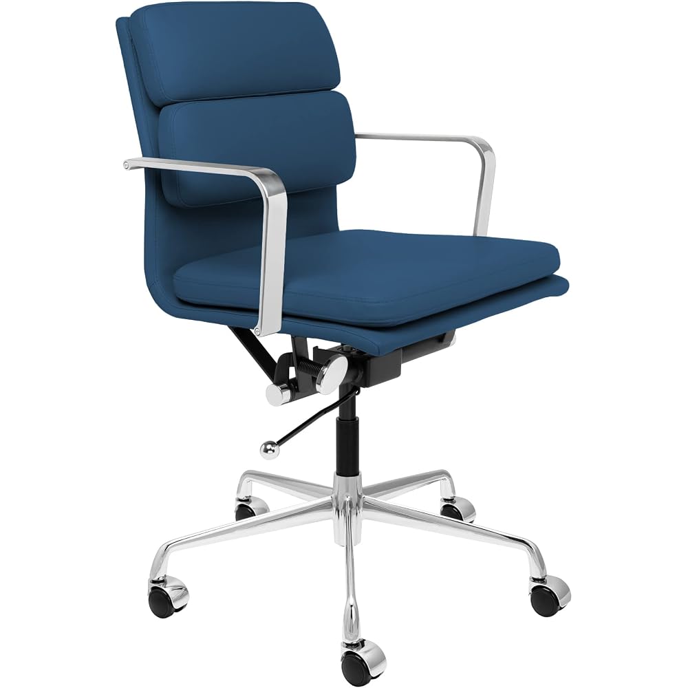 Laura Davidson Furniture SOHO II Padded Management Office Chair - Mid Back Desk Chair with Arm Rest, Swivel & Cushion Availability, Made of Faux Leather, Blue, Computer Chair