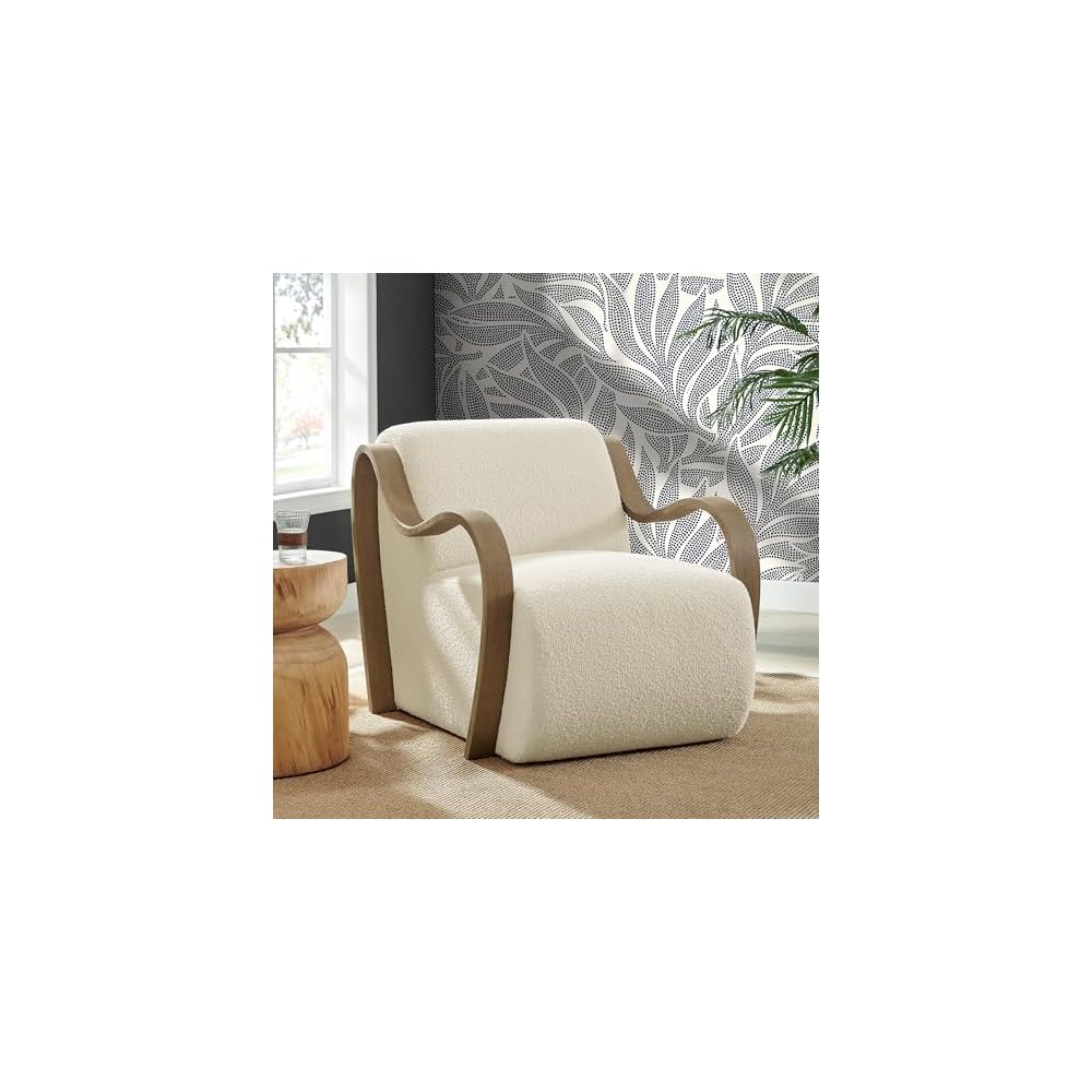 Modway Atrium Boucle Upholstered Lounge Chair in Cream with Sculptural Bentwood Arms – Mid-Century Modern Accent Armchair for Living Room or Bedroom