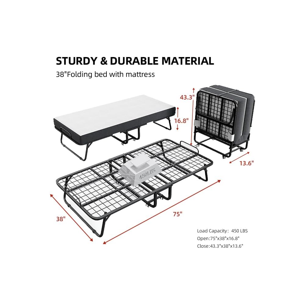 CAIYUN Folding Bed with Mattress and Storage Cover - 75"x38" Twin Size Frame, Portable Rollaway Guest Bed with 5-inch Memory Foam Mattress, Space-Saving Foldable Design for Easy Storage