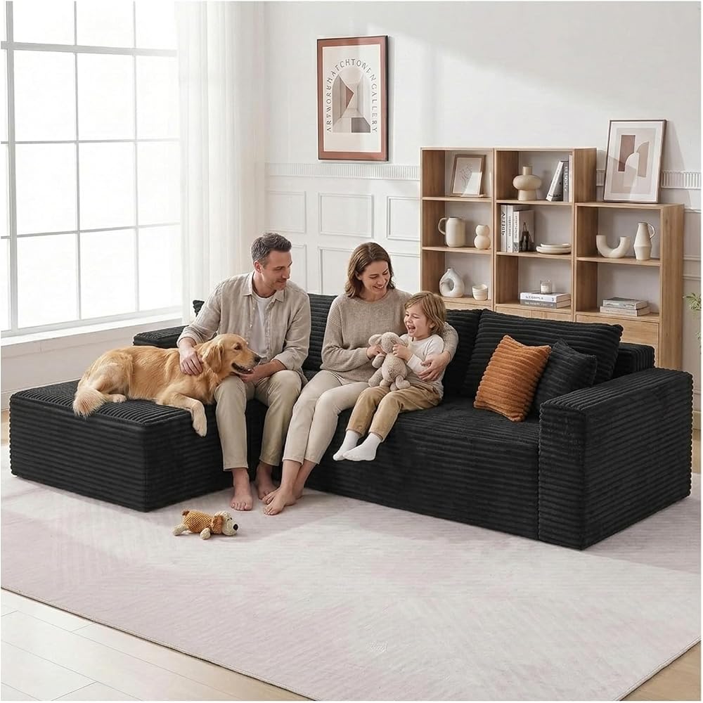 108" Modular L-Shaped Boneless Sectional Sofa, Oversized Chaise Deep Seat Cloud Couch, High-Density Memory Foam Plush Corduroy, No Assembly Required, Black, for Living Room/Apartment
