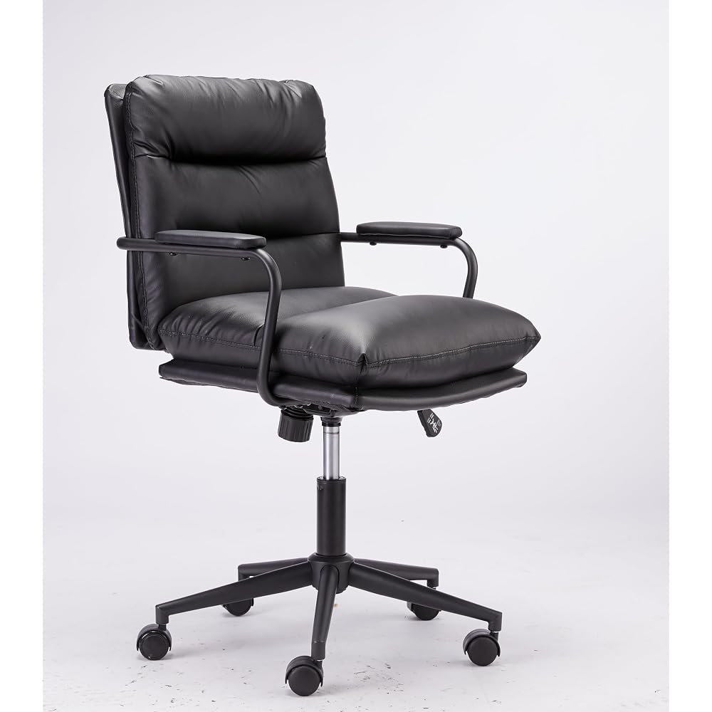 Black Leather Office Chair Mid Back Leather Desk Chair Modern Excutive Office Chair with Arms and Wheels for Home Office