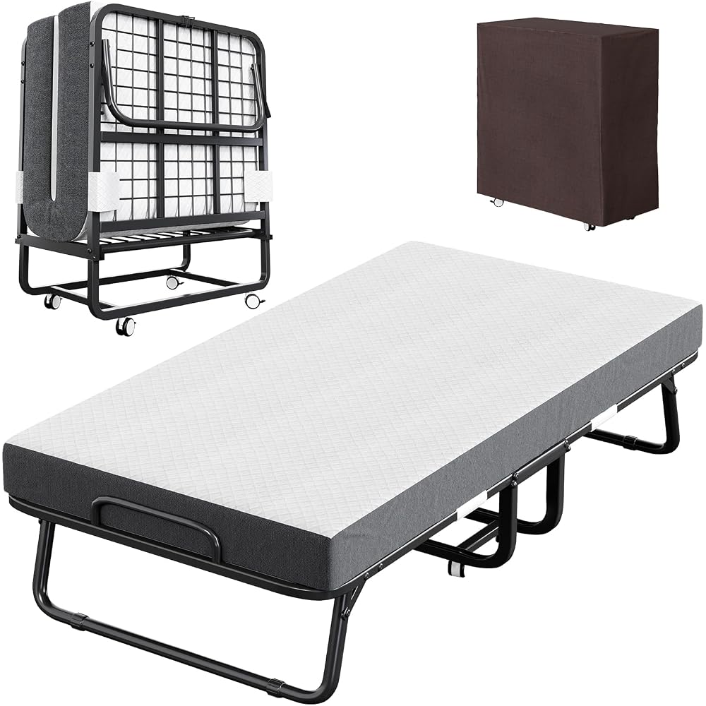 CAIYUN Folding Bed with Mattress and Storage Cover - 75"x38" Twin Size Frame, Portable Rollaway Guest Bed with 5-inch Memory Foam Mattress, Space-Saving Foldable Design for Easy Storage