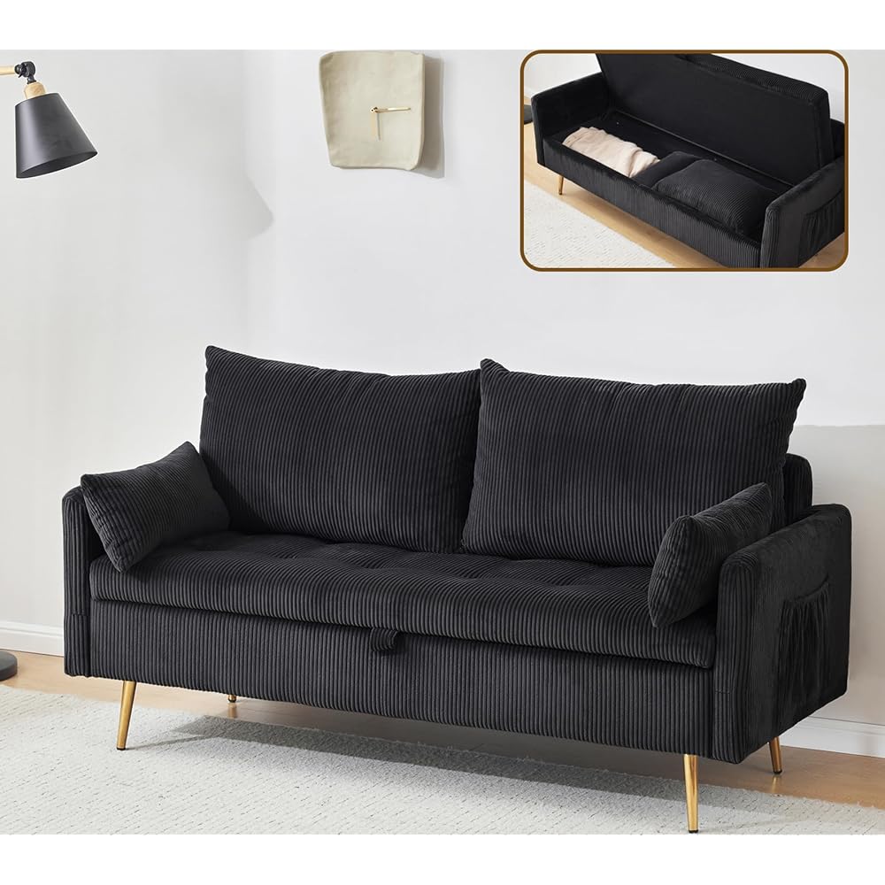 Furnimart 2 Seater Loveseat with Storage, 61" Corduroy Couch for Small Living Room, Bedroom, Tiny Homes & Lofts, Black