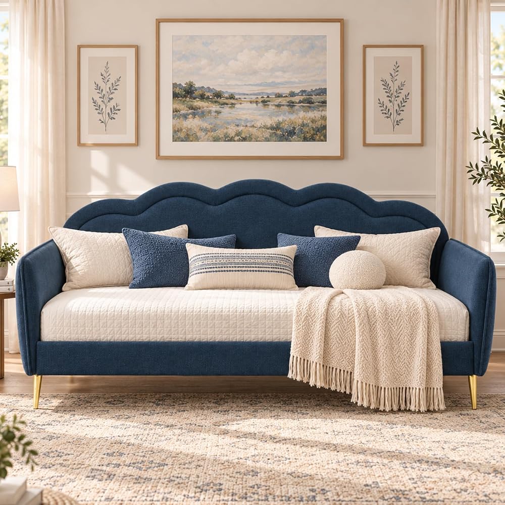 VELOCAVA Twin Size Upholstered Daybed with Cloud-Shaped Backrest, Blue