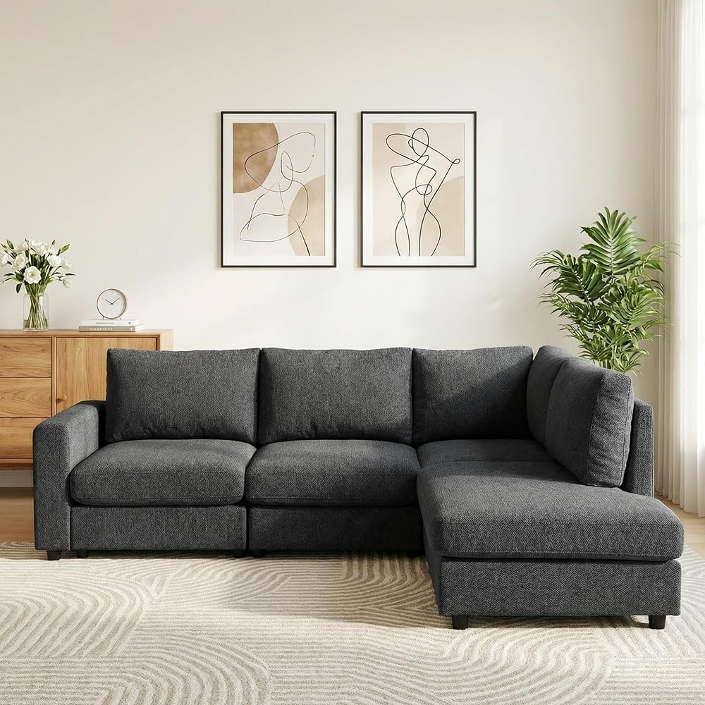 100" L-Shaped Sectional Couch with Reversible Deep Chaise, Grey