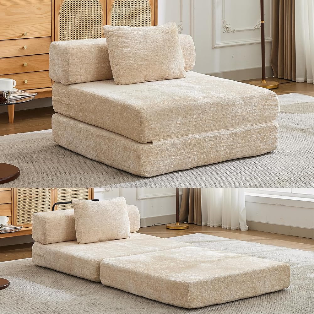 Folding Sofa Bed, Beige Convertible Floor Sleeper Chair, Comfy Futon Floor Couch, 2 in 1 Pull Out Single Boneless Sofa for Living Room, Bedroom, No Assembly, Chenille