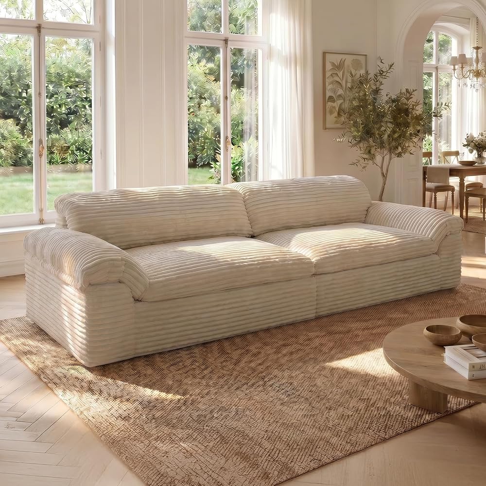 Vesgantti 118" Cloud Boneless Couch, 3 Seater Corduroy Sofa, Carmel
