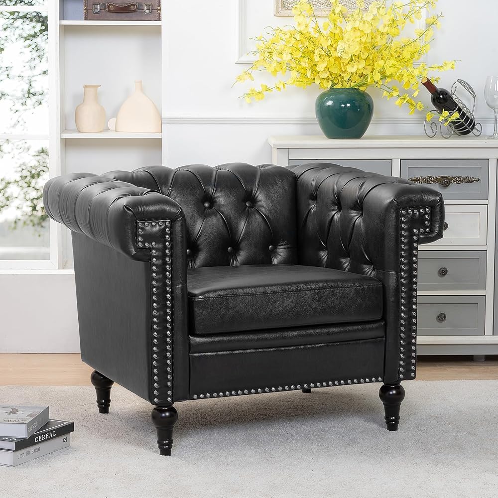 Chesterfield Sofa, Faux Leather Sofa Chair with Nailhead Trim & Square Arm, Mid Century Modern Armchair with Button Tufted Back & Removable Cushion, Comfy Reading Chair for Living Room, Office, Black