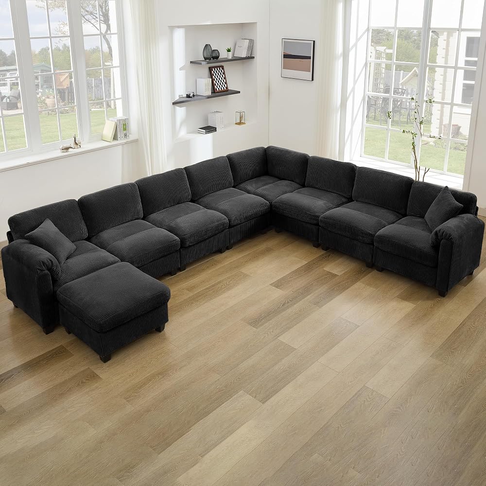 IPKIG 140'' U-Shaped Sectional Sofa with Ottoman, Corduroy Modern Modular Cloud Couches for Living Room with 2 Throw Pillows and Deep Seat, Center Stitched Design (Black, 9 Seater)