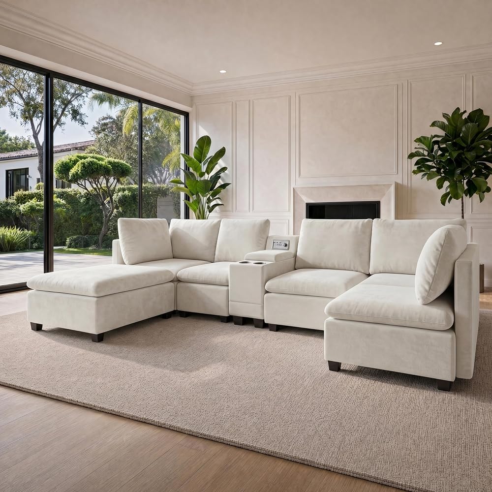 121" U-Shaped Sectional Sofa, Chenille Cloud Modular Couch, Beige White